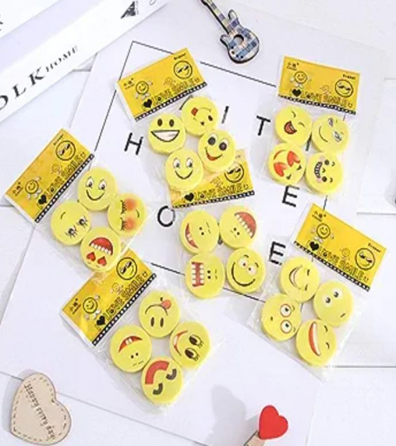 HOT DEALS NO1. 4Pieces Emoji Erasers, Novelty Mini Emoji Smile Laughing Shy Rubbers Pack for Kids Birthday New Year