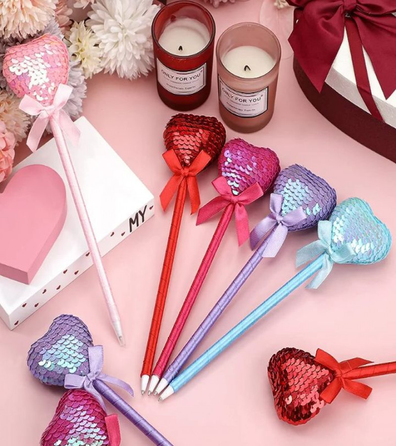 HOT DEALS NO1.1Pieces Valentines Day Pens Heart Shaped Pens Flip Sequin Heart Shaped Pens Black Ink Ballpoint Pens 0.7 mm Black Ink Stripe