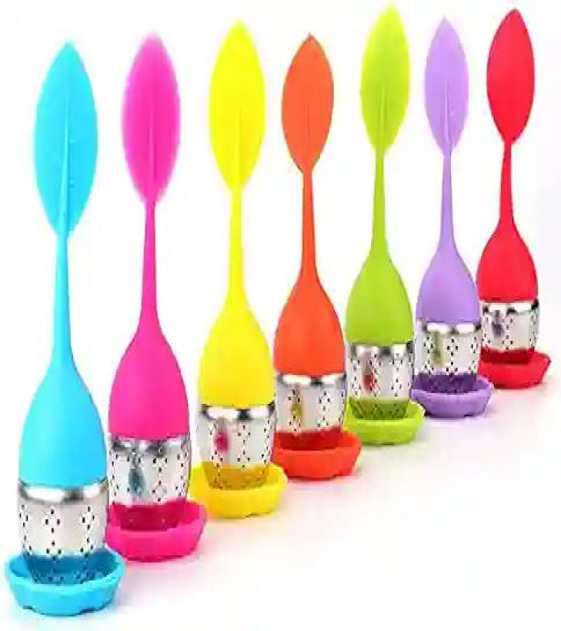 HOT DEALS NO1.Tea Infuser - Set Of 1 Silicone Handle Stainless Steel Strainer Drip Tray Included - Loose Tea Steeper